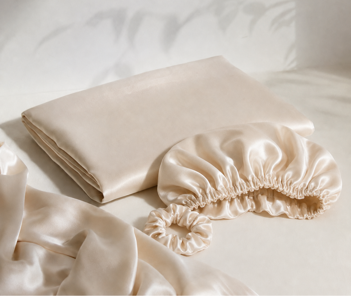 Silk pillowcase in a calm bedroom lifestyle scene