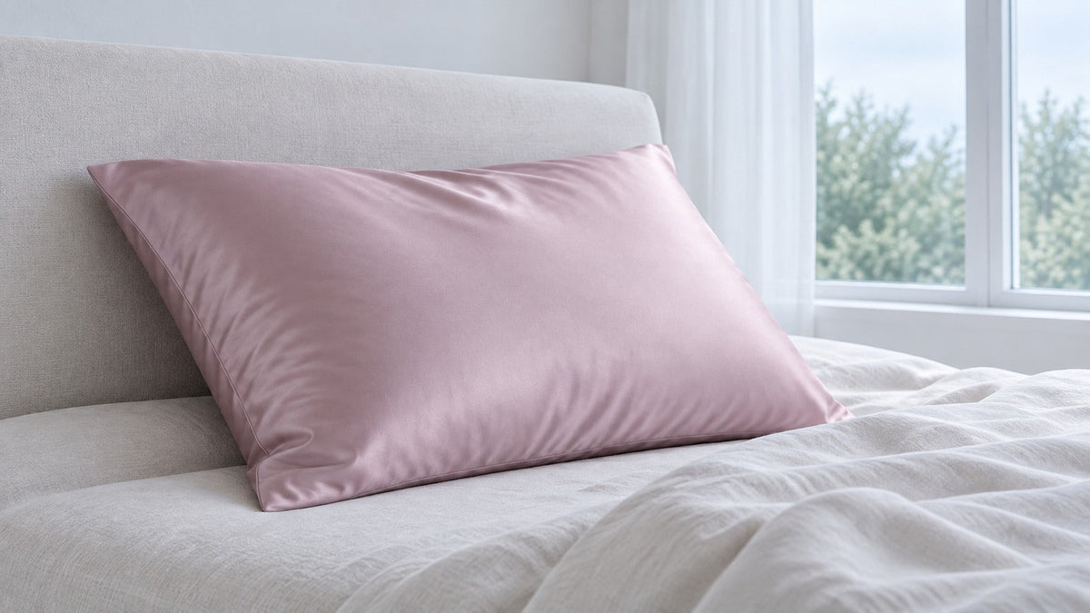 Silk pillowcase on a made bed in soft morning light