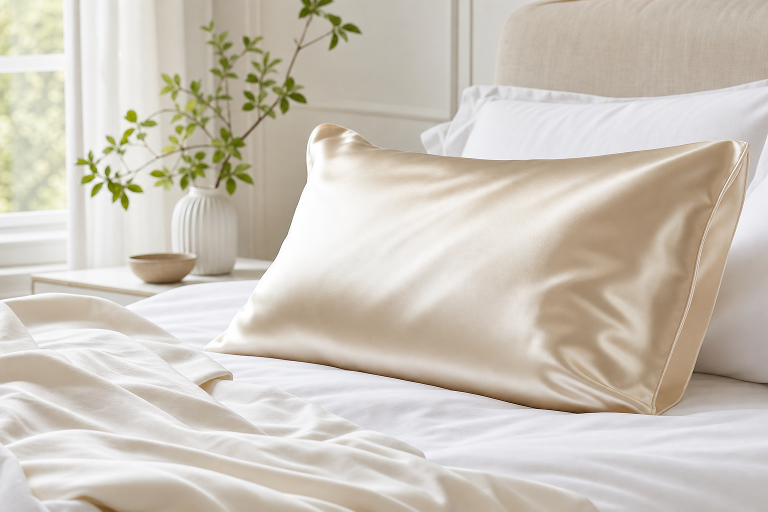 Silk pillowcase in a bright airy bedroom